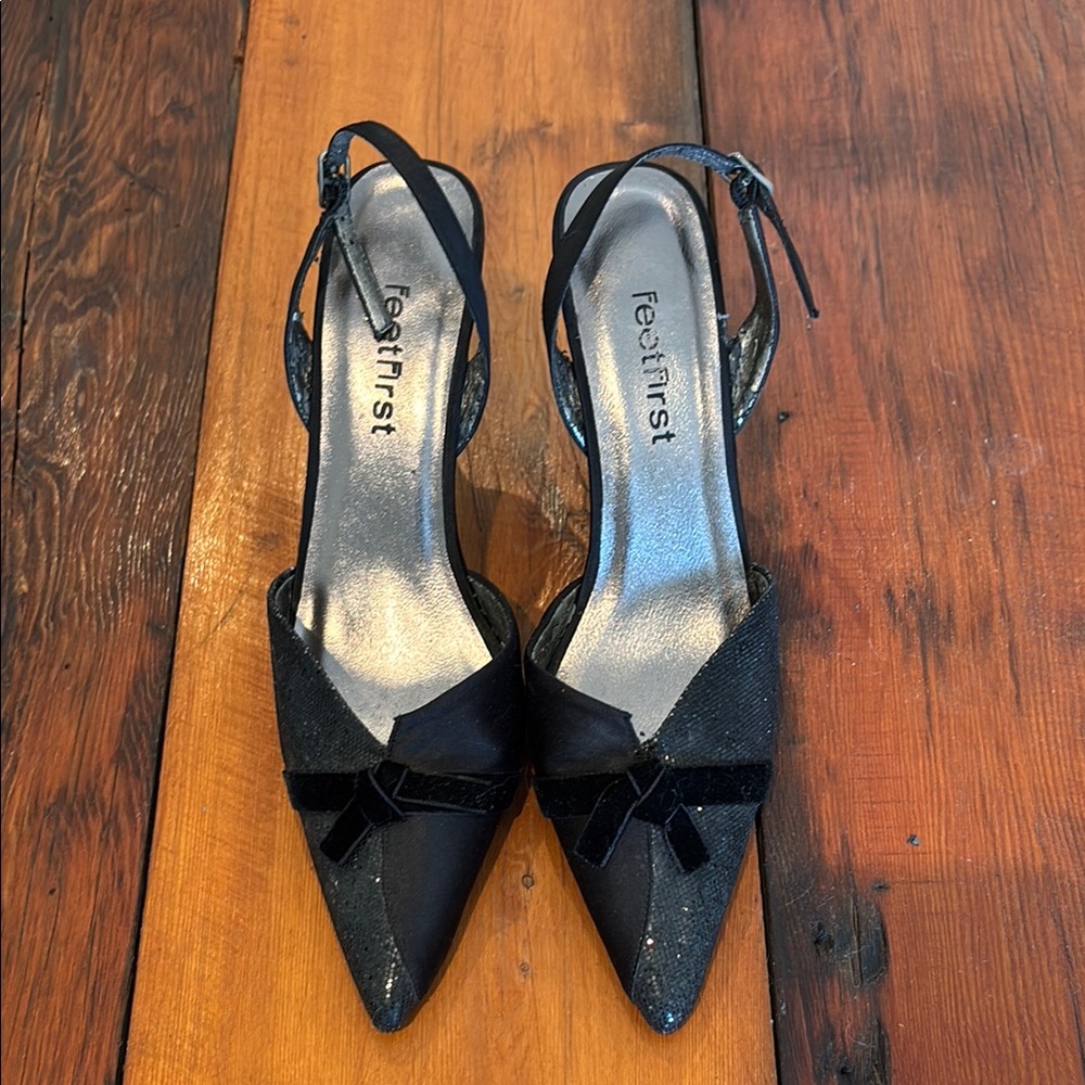 Feet First Elegant Black Slingback Heels with Bow Detail sz 7
